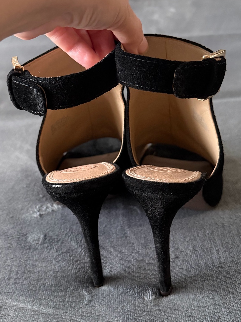 Tory Burch Black Suede Peep-Toe Stiletto Sandals with Gold Buckle - Picture 7 of 14